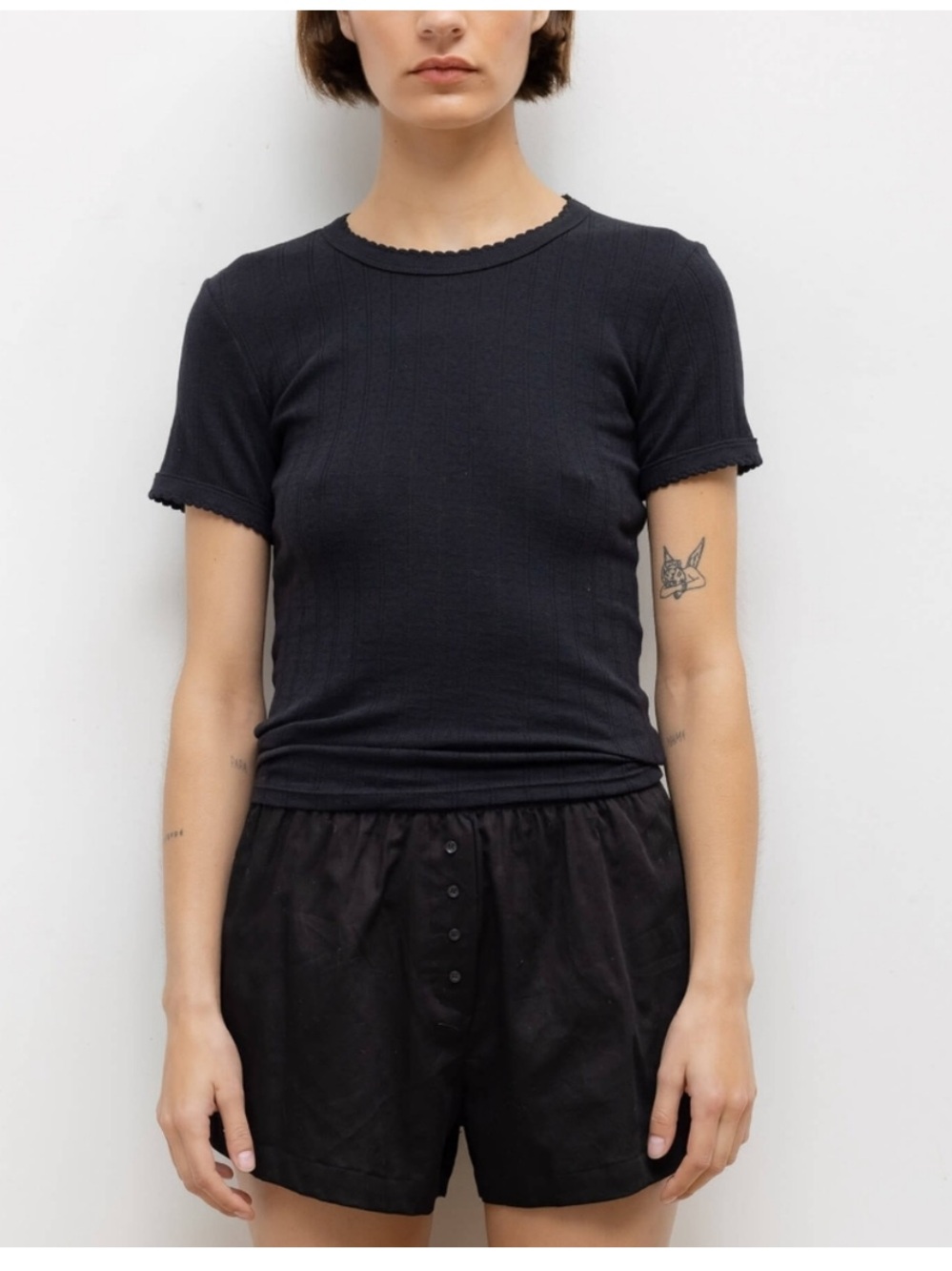 LESET Pointelle Slim Fit Tee black 100% cotton size L